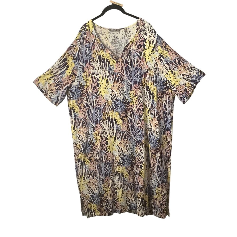 Ulla Popken Plus Size Dress Botanical V-Neck Linen Blend Womens 20/22 Pockets‎